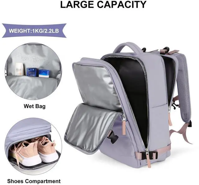 Alt view image 4 of 5 - coowoz Large Travel Backpack For Women Men,Carry On Backpack Flight Approved,Hiking Backpack Waterproof Outdoor Sports Rucksack Casual Daypack Fit 15.6 Inch Laptop Shoes Compartment (Light Purple)