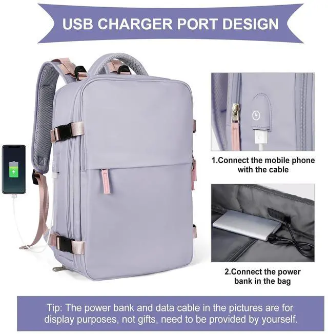 Alt view image 5 of 5 - coowoz Large Travel Backpack For Women Men,Carry On Backpack Flight Approved,Hiking Backpack Waterproof Outdoor Sports Rucksack Casual Daypack Fit 15.6 Inch Laptop Shoes Compartment (Light Purple)