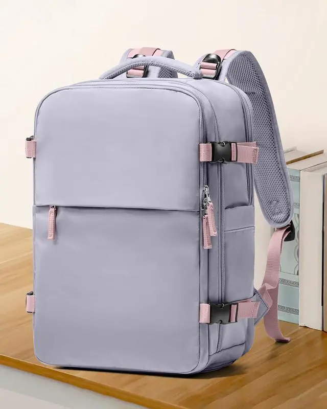 Alt view image 2 of 5 - coowoz Large Travel Backpack For Women Men,Carry On Backpack Flight Approved,Hiking Backpack Waterproof Outdoor Sports Rucksack Casual Daypack Fit 15.6 Inch Laptop Shoes Compartment (Light Purple)