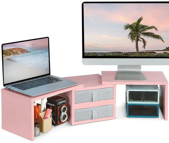 Main image of TEAMIX Pink Dual Monitor Stand Riser with 2 Drawers - Length and Angle Adjustable Double Corner Desk Shelf Organizer 37 inch for 2 Laptop/PC/Screen/TV (2 Drawers - 8''H)