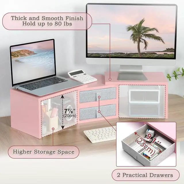 Alt view image 3 of 5 - TEAMIX Pink Dual Monitor Stand Riser with 2 Drawers - Length and Angle Adjustable Double Corner Desk Shelf Organizer 37 inch for 2 Laptop/PC/Screen/TV (2 Drawers - 8''H)