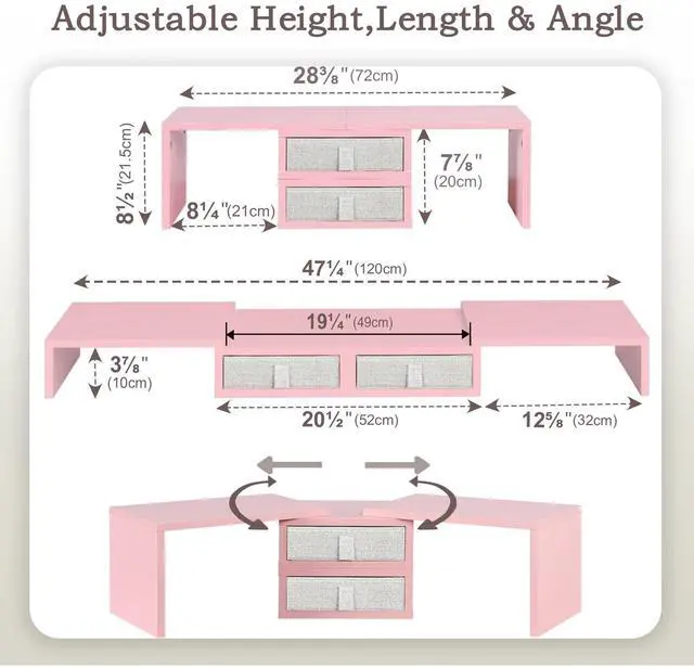 Alt view image 5 of 5 - TEAMIX Pink Dual Monitor Stand Riser with 2 Drawers - Length and Angle Adjustable Double Corner Desk Shelf Organizer 37 inch for 2 Laptop/PC/Screen/TV (2 Drawers - 8''H)