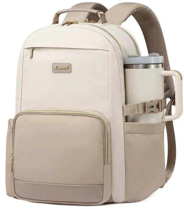 Main image of LOVEVOOK Laptop Backpack for Women with Pouch Pocket for Large Capacity Cup,17 Inch Laptop Computer Bag Travel Backpack Purse,Waterproof Work Business Backpack College Teacher Bags,Beige-Khaki