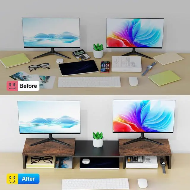 Alt view image 2 of 5 - OUTIOE Dual Monitor Stand for Desk, Wooden Monitor Riser, Desk Shelf for Top of Desk, Computer Stand for Home and Office Use (Wood)