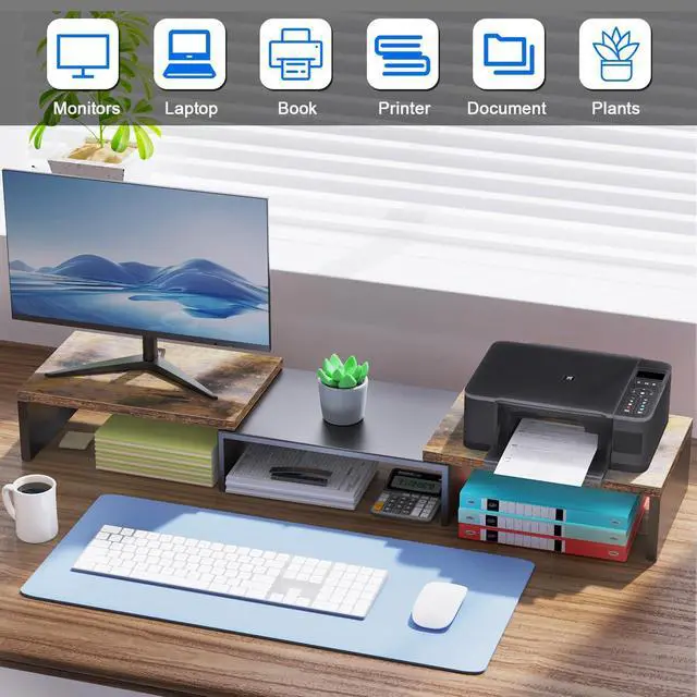 Alt view image 3 of 5 - OUTIOE Dual Monitor Stand for Desk, Wooden Monitor Riser, Desk Shelf for Top of Desk, Computer Stand for Home and Office Use (Wood)