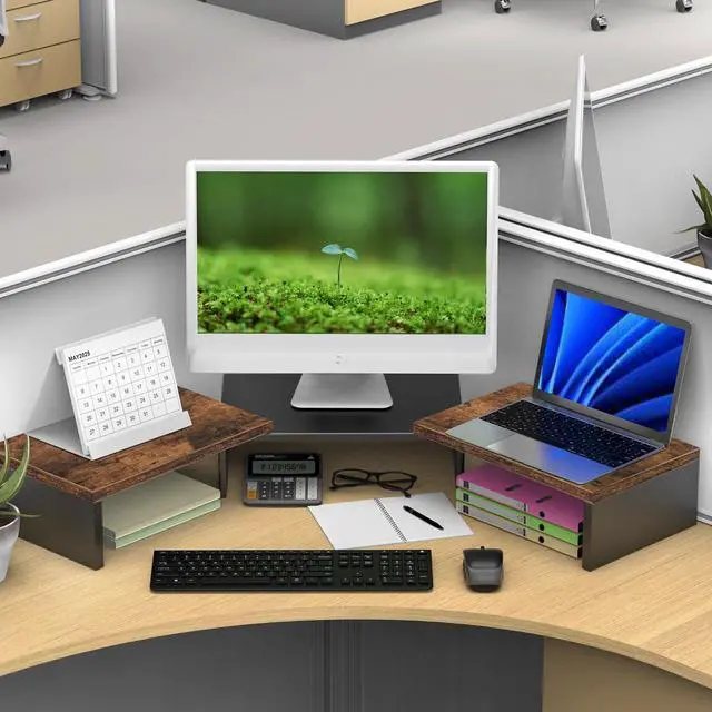 Alt view image 5 of 5 - OUTIOE Dual Monitor Stand for Desk, Wooden Monitor Riser, Desk Shelf for Top of Desk, Computer Stand for Home and Office Use (Wood)