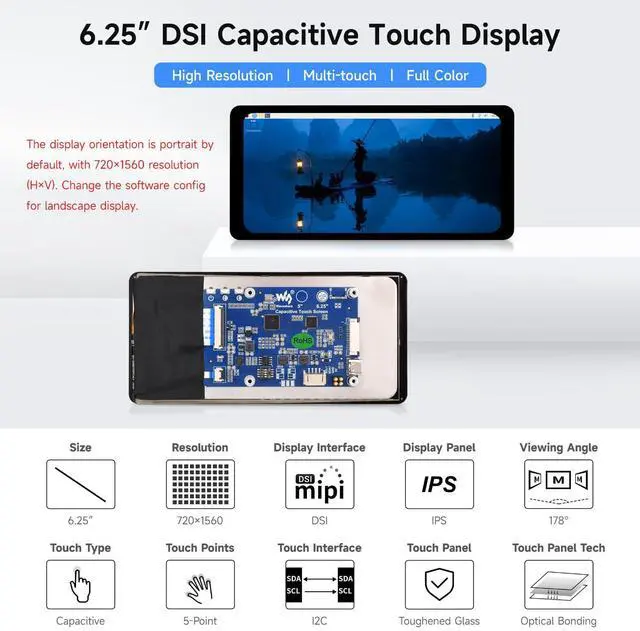 Alt view image 3 of 5 - waveshare 6.25inch DSI Capacitive Touch Display, Compatible with Raspberry Pi 5/4B/3B/CM3/3+/4, 720 × 1560, IPS, Optical Bonding Toughened Glass Panel, DSI Interface, 5-Point Touch
