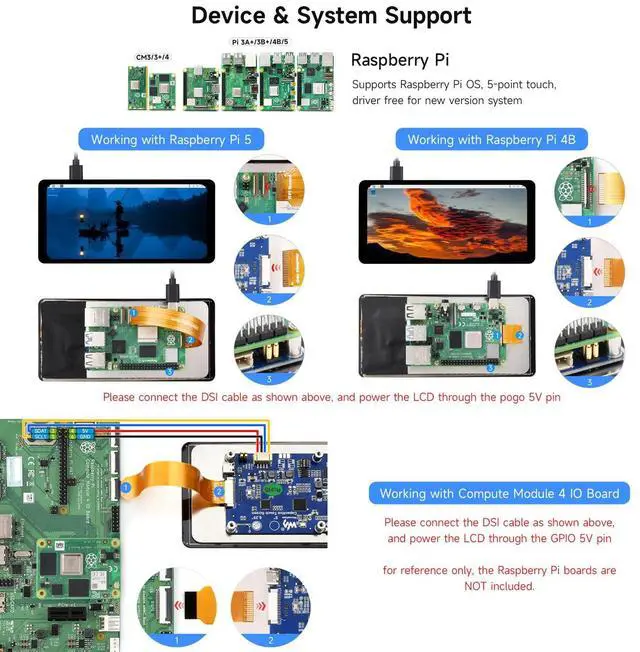 Alt view image 4 of 5 - waveshare 6.25inch DSI Capacitive Touch Display, Compatible with Raspberry Pi 5/4B/3B/CM3/3+/4, 720 × 1560, IPS, Optical Bonding Toughened Glass Panel, DSI Interface, 5-Point Touch
