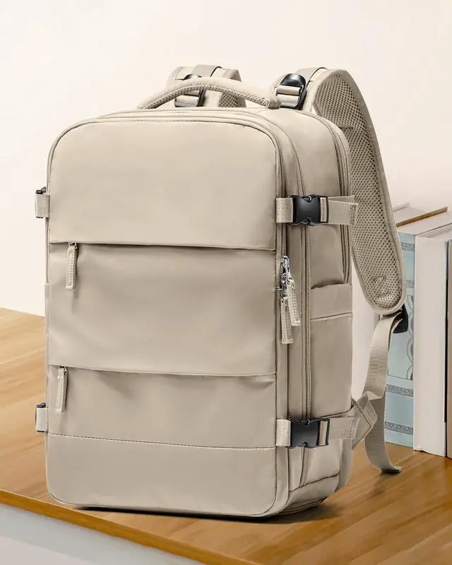 Alt view image 2 of 5 - coowoz Large Travel Backpack For Women Men,Carry On Backpack Flight Approved,Hiking Backpack Waterproof Outdoor Rucksack Casual Daypack Fit 15.6 Inch Laptop Shoes Compartment (Khaki-L)