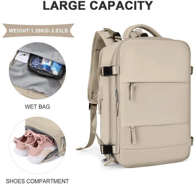 Alt view image 4 of 5 - coowoz Large Travel Backpack For Women Men,Carry On Backpack Flight Approved,Hiking Backpack Waterproof Outdoor Rucksack Casual Daypack Fit 15.6 Inch Laptop Shoes Compartment (Khaki-L)
