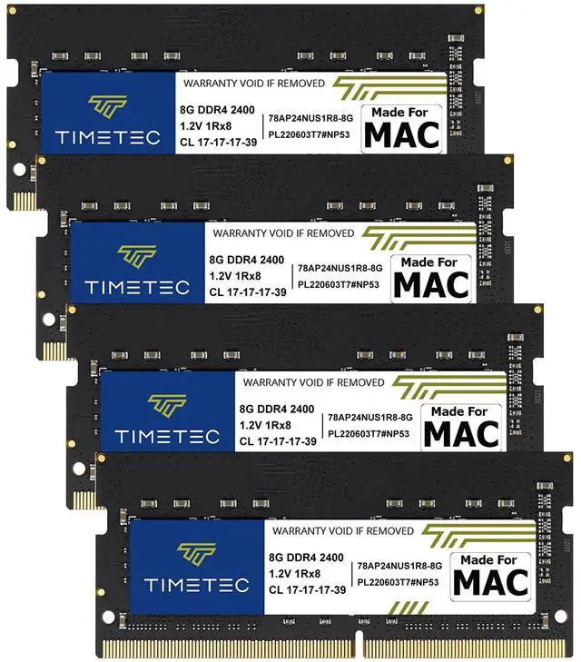 Main image of Timetec 32GB KIT (4x8GB) Compatible for Apple 2017 iMac (27-inch w/Retina 5K Display) DDR4 2400MHz PC4-19200 1Rx8 CL17 1.2V Non-ECC Non-Parity Unbuffered SODIMM Memory MAC RAM Upgrade for iMac 18,3