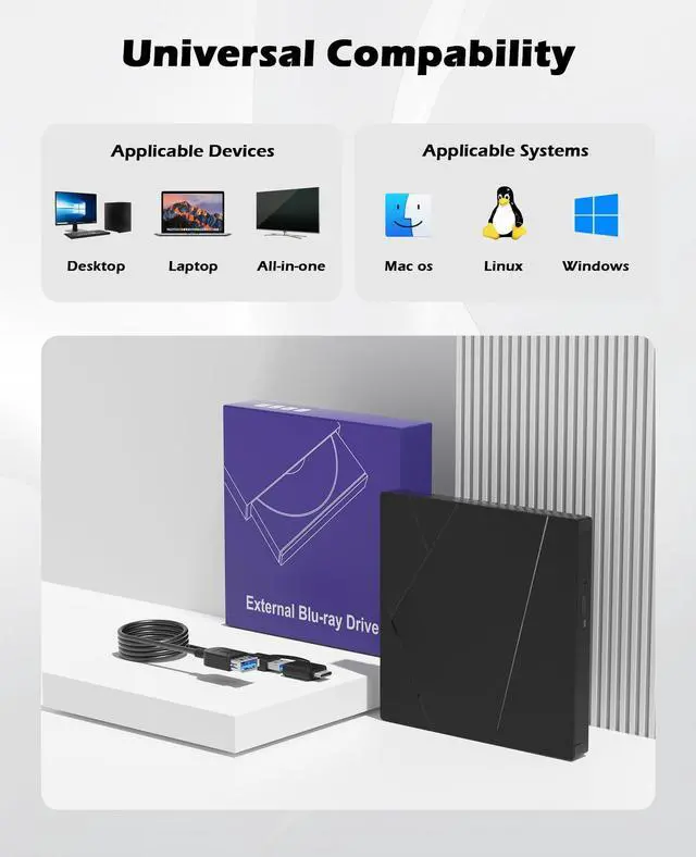 Alt view image 4 of 5 - Wbacon External Blu-ray Drive, External Blueray/DVD Drive for PC External Bluray Burner with Extension Data Cable USB 3.0 Type-C Compatible with Windows/MacOS/Linux Laptop Desktop