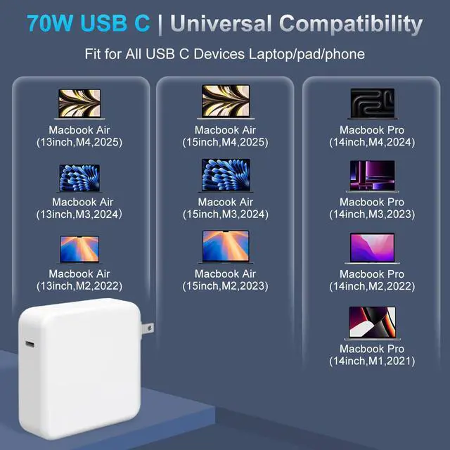 Alt view image 2 of 5 - Charger for Mac Book Air 15 13 Inch Mac Book Pro14 Inch M4 M3 M2 M1 2025 2024 2023 2022 2021,70W USB-C to Mag 3 Power Adapter,Include 6.6ft 5A USB-C to Mag 3 Cable