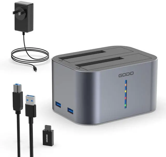 Main image of GODO Hard Drive Dock USB 3.0 to SATA I/II/III RGB Dual Bay Aluminum External Hard Drive Docking Station for 2.5 3.5 inch SATA HDD SSD Support UASP, 2x16TB + 2 USB3.0 Ports