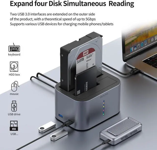 Alt view image 2 of 5 - GODO Hard Drive Dock USB 3.0 to SATA I/II/III RGB Dual Bay Aluminum External Hard Drive Docking Station for 2.5 3.5 inch SATA HDD SSD Support UASP, 2x16TB + 2 USB3.0 Ports