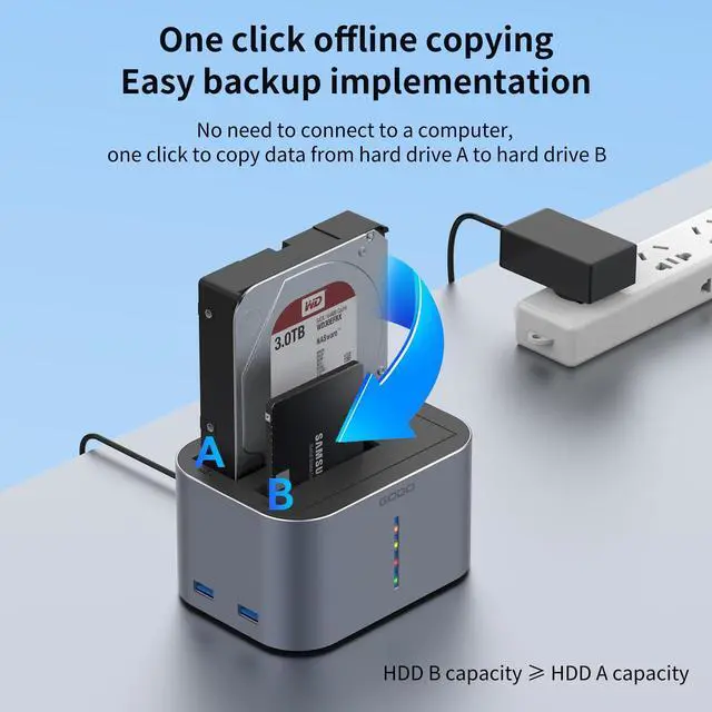 Alt view image 3 of 5 - GODO Hard Drive Dock USB 3.0 to SATA I/II/III RGB Dual Bay Aluminum External Hard Drive Docking Station for 2.5 3.5 inch SATA HDD SSD Support UASP, 2x16TB + 2 USB3.0 Ports