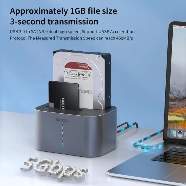 Alt view image 4 of 5 - GODO Hard Drive Dock USB 3.0 to SATA I/II/III RGB Dual Bay Aluminum External Hard Drive Docking Station for 2.5 3.5 inch SATA HDD SSD Support UASP, 2x16TB + 2 USB3.0 Ports