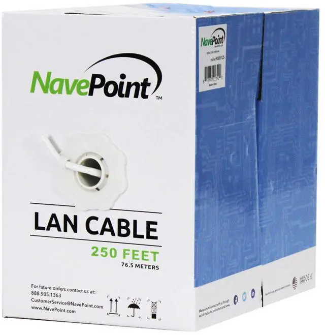 Main image of NavePoint CAT5e (CCA), 250ft, White, Solid Bulk Ethernet Cable, 24AWG 4 Pair, Unshielded Twisted Pair (UTP)