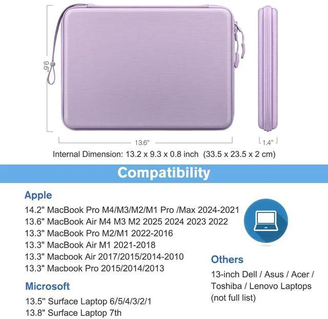 Alt view image 3 of 5 - FINPAC Hard Laptop Sleeve Case for 13 inch MacBook Air M4 2025 M3 2024, 14 inch MacBook Pro M4/M3/M2/M1 A2918 A2992 A2779 A2442, 13'' Air/Pro, Waterproof Case for Dell, Surface Laptop, HP, Acer, Lilac