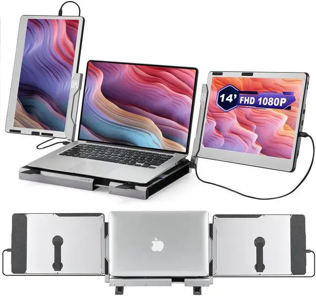 Alt view image 2 of 5 - JoyReal Triple 14'' 1080P Portable Monitor for Laptop, 360 Rotation Desk Workstation with Multiple Laptop Stand & Kickstand Case for MacBook Windows Surface PS Switch