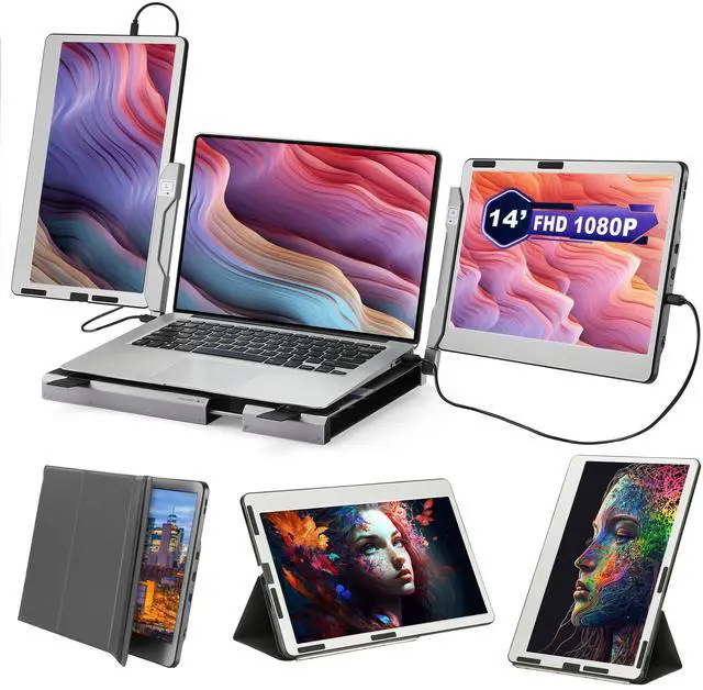 Main image of JoyReal Triple 14'' 1080P Portable Monitor for Laptop, 360 Rotation Desk Workstation with Multiple Laptop Stand & Kickstand Case for MacBook Windows Surface PS Switch