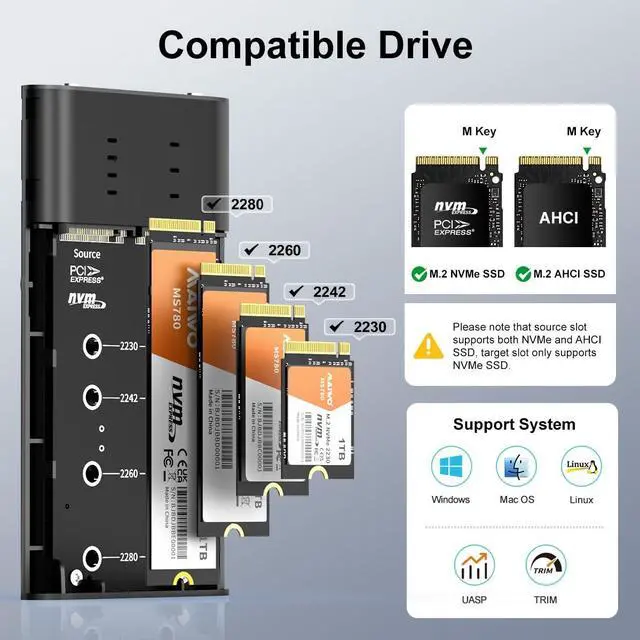 Alt view image 4 of 5 - MAIWO M.2 NVMe SSD Cloner, Dual Bay Enclosure Duplicator for M-Key PCIe NVMe/AHCI SSDs, 20Gbps USB C 3.2 GEN2x2, 16TB Capacity