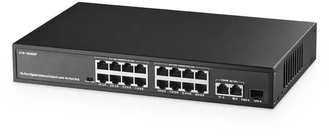 Main image of Binardat 19 Port POE Switch - 16 POE+ Ports (1000Mbps), 2 Gigabit Uplink, 1 SFP, IEEE802.3af/at, 300W Internal Power Supply, Metal Case Unmanaged Plug and Play