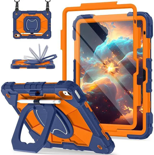 Main image of Scnioy Case for iPad (A16) 11th Generation 11 Inch (2025) / iPad 10th Generation Case 10.9 Inch (2022) with 360° Rotating Stand Screen Protector Pen Holder Shoulder Strap, Navy Orange