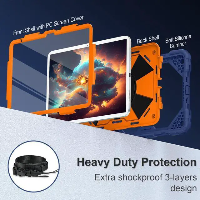 Alt view image 2 of 5 - Scnioy Case for iPad (A16) 11th Generation 11 Inch (2025) / iPad 10th Generation Case 10.9 Inch (2022) with 360° Rotating Stand Screen Protector Pen Holder Shoulder Strap, Navy Orange