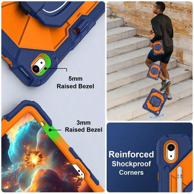 Alt view image 3 of 5 - Scnioy Case for iPad (A16) 11th Generation 11 Inch (2025) / iPad 10th Generation Case 10.9 Inch (2022) with 360° Rotating Stand Screen Protector Pen Holder Shoulder Strap, Navy Orange