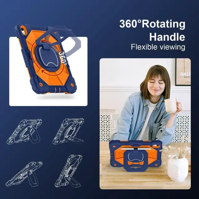 Alt view image 4 of 5 - Scnioy Case for iPad (A16) 11th Generation 11 Inch (2025) / iPad 10th Generation Case 10.9 Inch (2022) with 360° Rotating Stand Screen Protector Pen Holder Shoulder Strap, Navy Orange