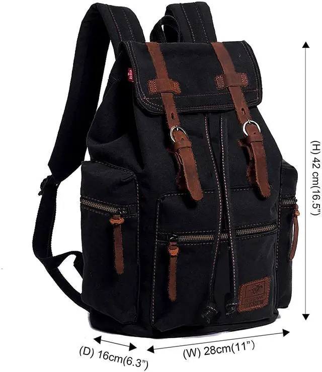 Alt view image 2 of 5 - HuaChen Vintage Canvas Backpack, Casual Daypack Travel Rucksack with Leather for Men Women, 14 Laptop Compartment & Hidden AntiTheft Pocket, Hiking/School - M32 Black