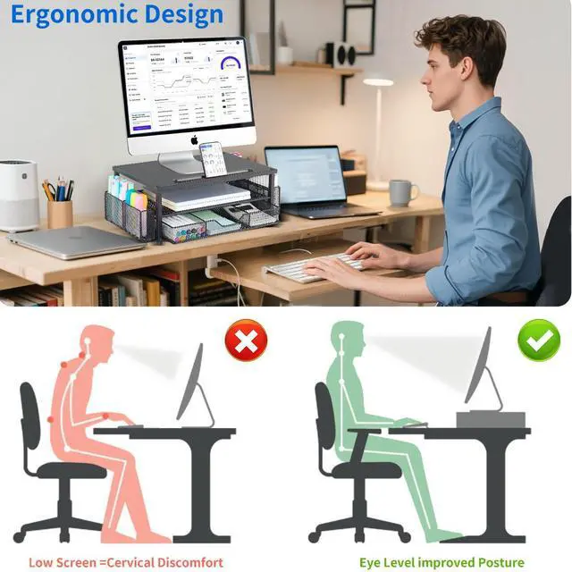 Alt view image 2 of 5 - AUPSEN Wood Computer Monitor Stand Riser, 2-Tier Black Desk Organizer with Drawer, Pen Storage & Tablet Phone Holder Office Desk Accessories Desktop Organizer for Office Supplies