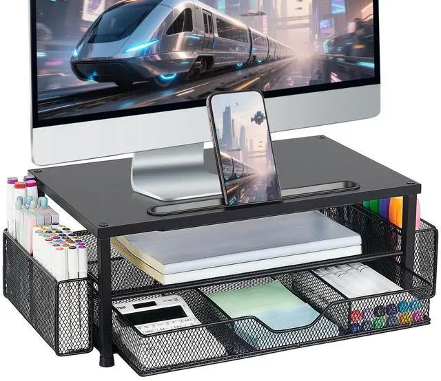 Main image of AUPSEN Wood Computer Monitor Stand Riser, 2-Tier Black Desk Organizer with Drawer, Pen Storage & Tablet Phone Holder Office Desk Accessories Desktop Organizer for Office Supplies