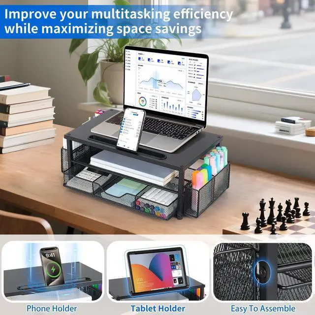 Alt view image 3 of 5 - AUPSEN Wood Computer Monitor Stand Riser, 2-Tier Black Desk Organizer with Drawer, Pen Storage & Tablet Phone Holder Office Desk Accessories Desktop Organizer for Office Supplies