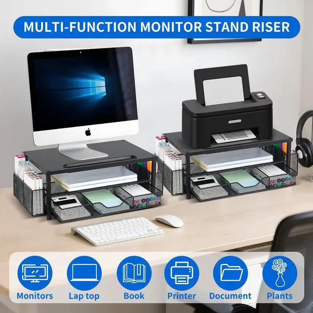 Alt view image 4 of 5 - AUPSEN Wood Computer Monitor Stand Riser, 2-Tier Black Desk Organizer with Drawer, Pen Storage & Tablet Phone Holder Office Desk Accessories Desktop Organizer for Office Supplies