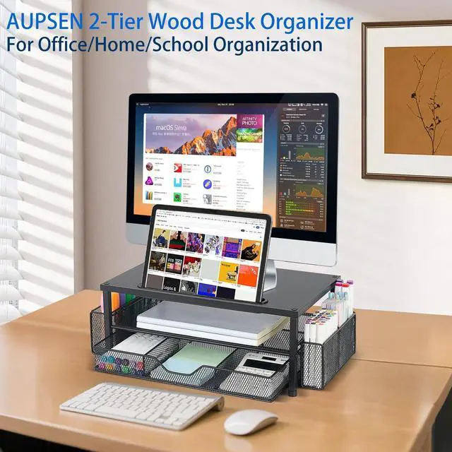 Alt view image 5 of 5 - AUPSEN Wood Computer Monitor Stand Riser, 2-Tier Black Desk Organizer with Drawer, Pen Storage & Tablet Phone Holder Office Desk Accessories Desktop Organizer for Office Supplies