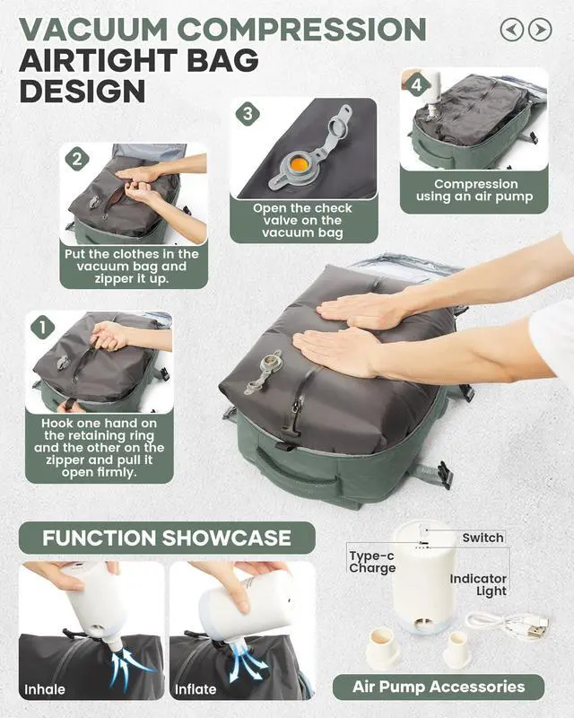 Alt view image 2 of 5 - Travel Vacuum Storage Backpack with Air Pump Vacuum Seal Compression Space Saver Bags Clothing Vacpack Airback 18x14x8 inches Travel Bag Carry on Personal item Laptop Work Backpacks Women DarkGreen