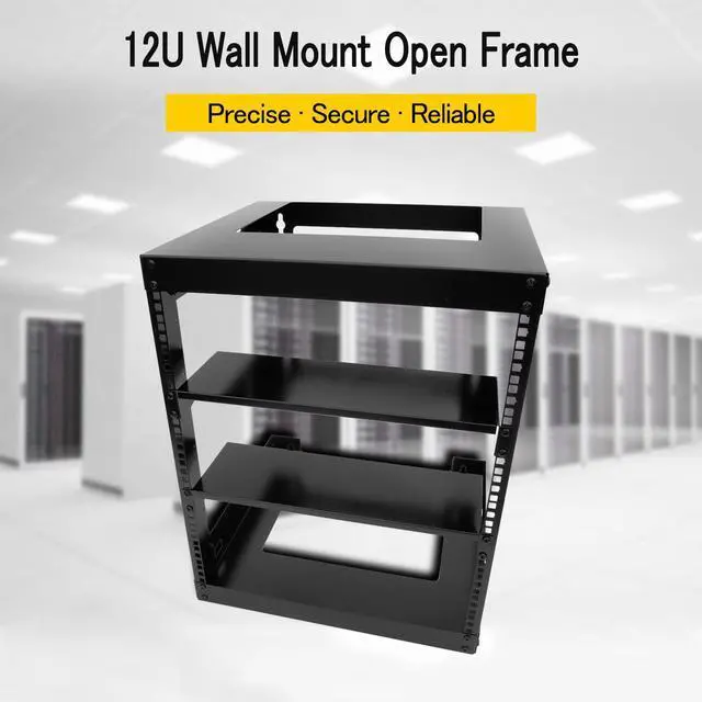 Alt view image 2 of 5 - Raising Electronics 12U Wall Mount Open Frame 19 Inch Server Equipment Rack 15 Inch Depth Black with 2 Shelves