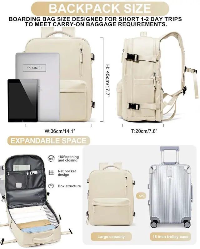 Alt view image 3 of 5 - WONHOX Large Travel Backpack Women,Carry On Backpack Flight Approved 18x14x8 inches Bag Spirit Airlines Personal ltem,College Sports Hiking Rucksack Laptop Blackpack mochila de viaje,Beige