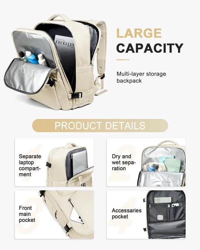 Alt view image 4 of 5 - WONHOX Large Travel Backpack Women,Carry On Backpack Flight Approved 18x14x8 inches Bag Spirit Airlines Personal ltem,College Sports Hiking Rucksack Laptop Blackpack mochila de viaje,Beige