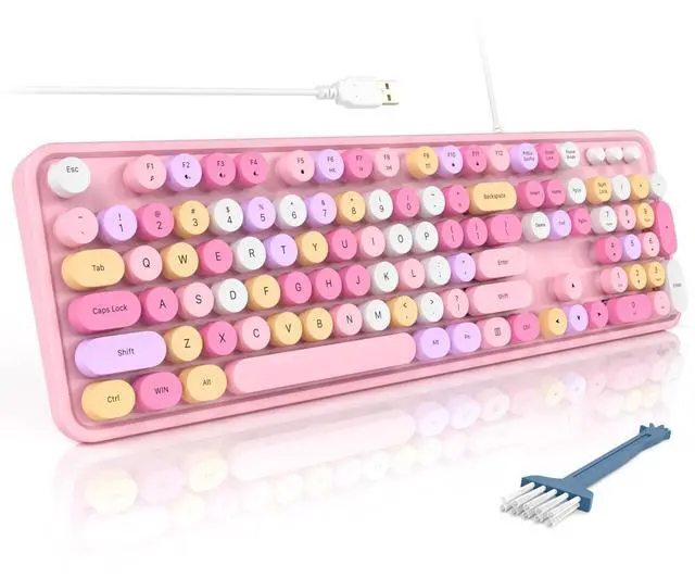 Main image of MOFII Wired Full Size USB Keyboard, Colorful Retro Round Typewriter Keyboard with Foldable Stands for Windows PC Laptop (Pale Pink)