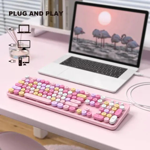 Alt view image 2 of 5 - MOFII Wired Full Size USB Keyboard, Colorful Retro Round Typewriter Keyboard with Foldable Stands for Windows PC Laptop (Pale Pink)