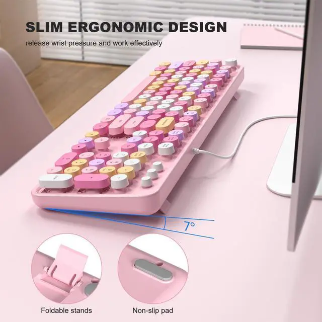 Alt view image 3 of 5 - MOFII Wired Full Size USB Keyboard, Colorful Retro Round Typewriter Keyboard with Foldable Stands for Windows PC Laptop (Pale Pink)