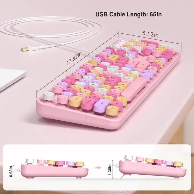 Alt view image 5 of 5 - MOFII Wired Full Size USB Keyboard, Colorful Retro Round Typewriter Keyboard with Foldable Stands for Windows PC Laptop (Pale Pink)