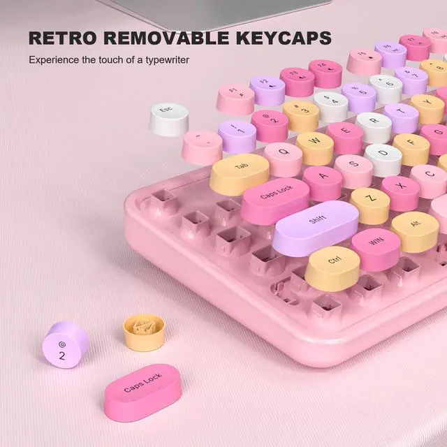 Alt view image 4 of 5 - MOFII Wired Full Size USB Keyboard, Colorful Retro Round Typewriter Keyboard with Foldable Stands for Windows PC Laptop (Pale Pink)