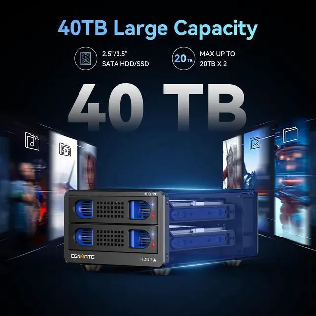 Alt view image 2 of 5 - CENMATE Aluminum Dual Bay Hard Drive RAID Enclosure with Cooling Fan for 2.5/3.5" SATA HDD/SSD with USB A/C 3.0, Tool-Free HDD Enclosure, 4 Modes(Support RAID 1/0/JBOD/NORMAL)