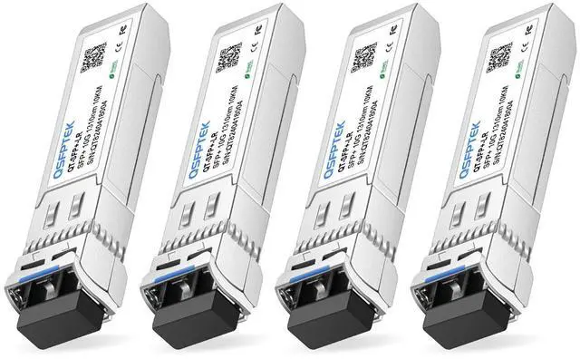Main image of QSFPTEK 4Packs 10GBASE-LR Transceiver, 10G SFP+ Patch Module, 1310nm, 10km, DDM LC, 10Gbe Ethernet Mini-GBIC for Cisco SFP-10G-LR, Ubiquiti UF-SM-10G, Mikrotik, Netgear, Qnap NAS, D-Link
