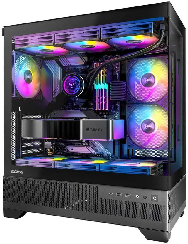 Main image of Okinos Aqua 7, Pre-Installed 6 × 120mm PWM ARGB Fan, ATX Mid Tower PC Case, Computer case with Panoramic View Tempered Glass Front & Side Panel, Type C Port, Gaming PC Case, Black
