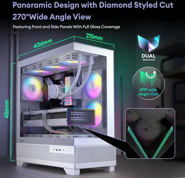 Alt view image 5 of 5 - Okinos Aqua 7, Pre-Installed 6 × 120mm PWM ARGB Fan, ATX Mid Tower PC Case, Computer case with Panoramic View Tempered Glass Front & Side Panel, Type C Port, Gaming PC Case, Black